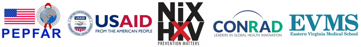 Logos for PEPFAR, USAID, NIX HIV, CONRAD, and EVMS